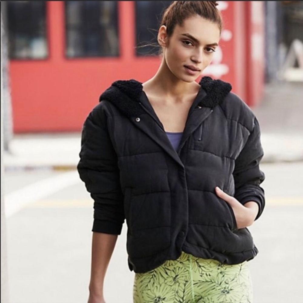 FREE PEOPLE Puffer Jacket Drawstring Fleece Hood L